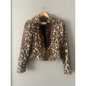 Cache Womens Leopard Print Faux Fur Full Zip Cropped Jacket Brown XS